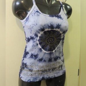 NEPAL TANK TOP Tie-Dye Sun Graphic  - Blue, White, & Gold, Small, EUC PM-33